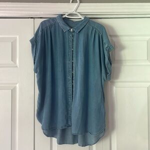 Button down denim short sleeve blouse